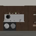 Two Black Washing Machines in Modern Laundry Room With Wooden Cabinets and White Tile Wall