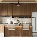 Warm Modern Kitchen Interior With Wooden Cabinets Island Counter And Woven Chairs