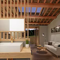 Natural Minimalist Hotel Room Interior With Wooden Ceiling Sliding Doors And Bed