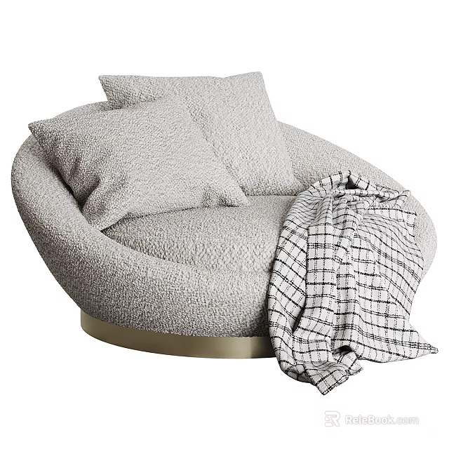 Single Sofa Light Gray Plush Round Shape With Gold Base Cushions And Checkered Blanket 3d model