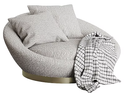 Single Sofa Light Gray Plush Round Shape With Gold Base Cushions And Checkered Blanket 3d model