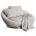 Single Sofa Light Gray Plush Round Shape With Gold Base Cushions And Checkered Blanket 3d model
