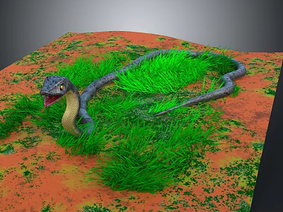 Striking Reptile Snake with Open Mouth Coiled in Green Grass on Red Ground 3d model