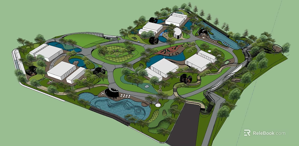 Garden Landscape Design Featuring Green Spaces Water Features Buildings And Pathways 3d model 