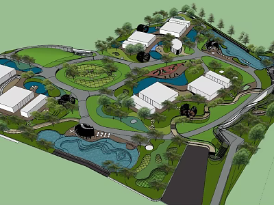 Garden Landscape Design Featuring Green Spaces Water Features Buildings And Pathways 3d model