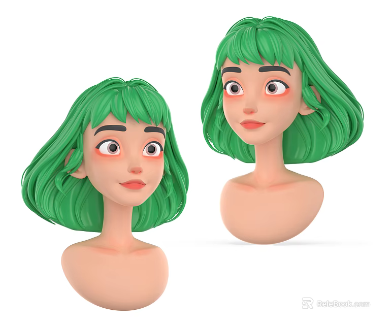 Two 3D Green Haired Female Character Head Models With Different Expressions 3d model 