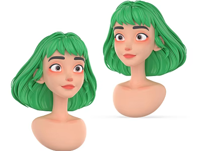 Two 3D Green Haired Female Character Head Models With Different Expressions 3d model