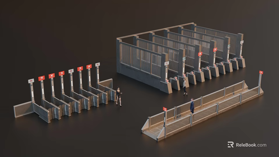 Industrial Equipment For Transportation Hubs With Multiple Metal Turnstiles And Pedestrian Access 3d model 