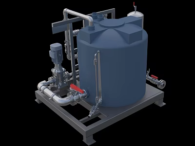 Industrial Equipment For Liquid Processing With Blue Storage Tank Metal Frame Pipes Valves And Pump 3d model