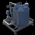 Industrial Equipment For Liquid Processing With Blue Storage Tank Metal Frame Pipes Valves And Pump