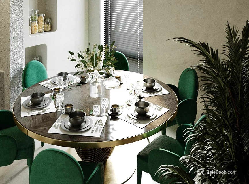 Round Wooden Dining Table Set With Green Chairs And Stylish Tableware Decor 3d model 
