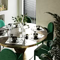 Round Wooden Dining Table Set With Green Chairs And Stylish Tableware Decor