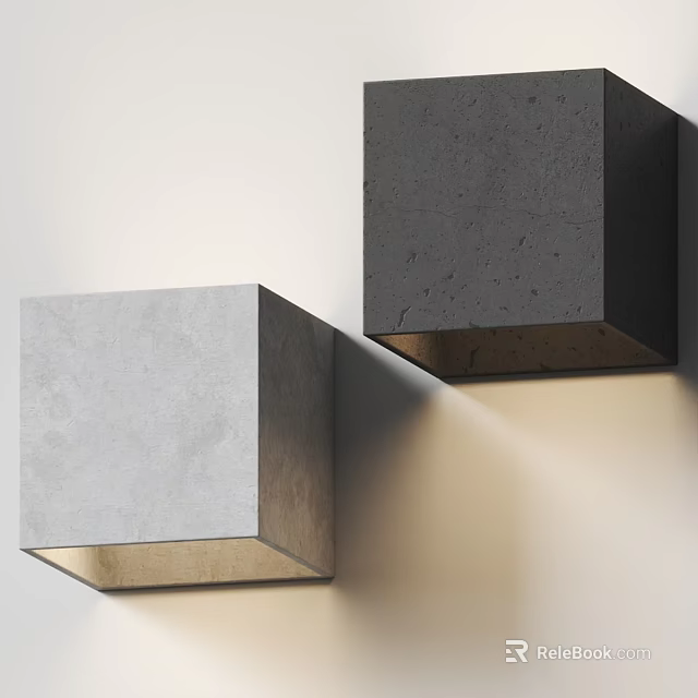 Two Cubic Concrete Wall Lamps Mounted On Wall With Warm Light Illumination 3d model 