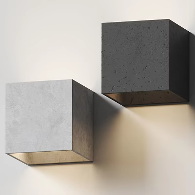 Two Cubic Concrete Wall Lamps Mounted On Wall With Warm Light Illumination 3d model