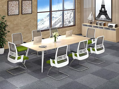 Modern Conference Table With White Mesh Chairs Laptops Flower Vase Snow Mountain View By Window 3d model
