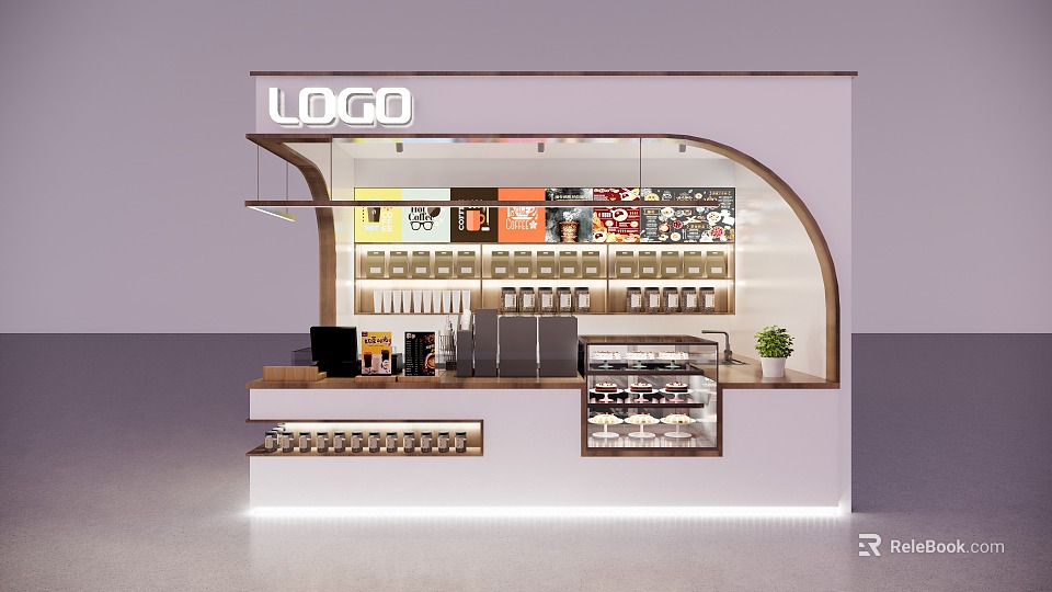 Modern Bubble Tea Shop With Counter Display Shelves Drinks Cups And Lighting 3d model 