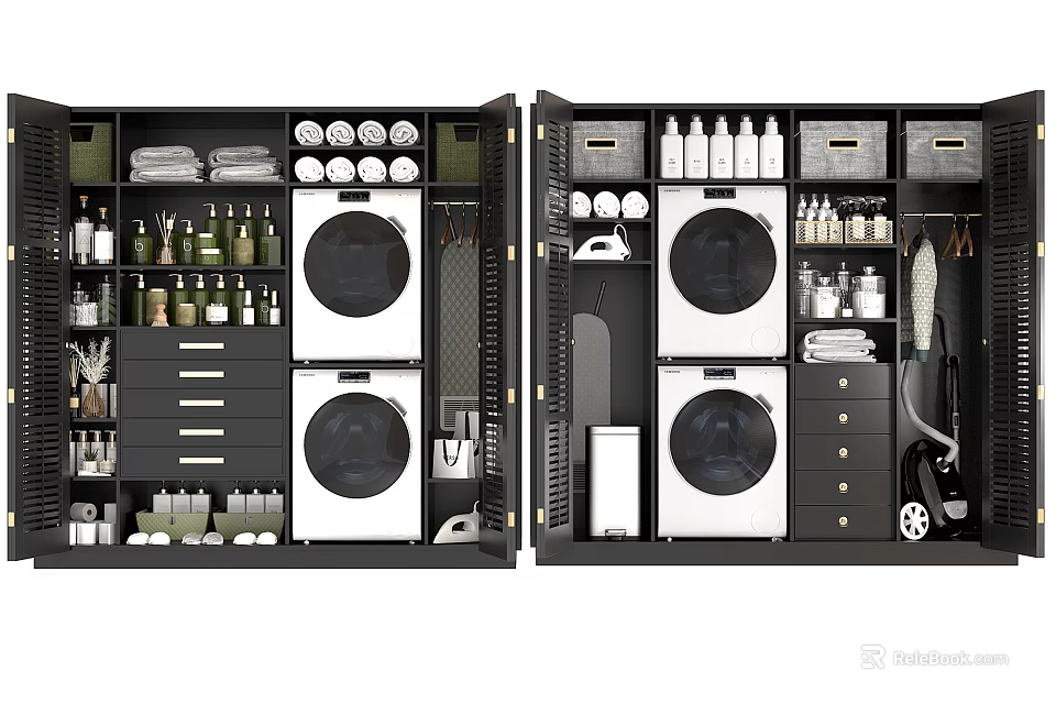 Modern Bathroom Cabinetry with Washer Dryer Storage Drawers and Toiletries 3d model 