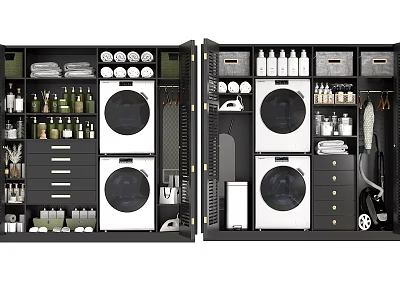 Modern Bathroom Cabinetry with Washer Dryer Storage Drawers and Toiletries 3d model
