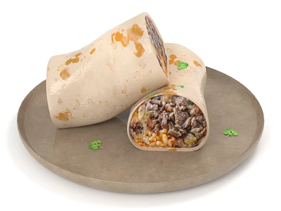 Delicious Burritos Cut Open Showing Meat Rice And Vegetable Fillings On Plate With Green Garnish 3d model