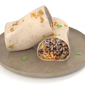 Delicious Burritos Cut Open Showing Meat Rice And Vegetable Fillings On Plate With Green Garnish