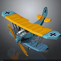 Space Themed Blue Yellow Biplane Model With Black Cross Wings And Propeller