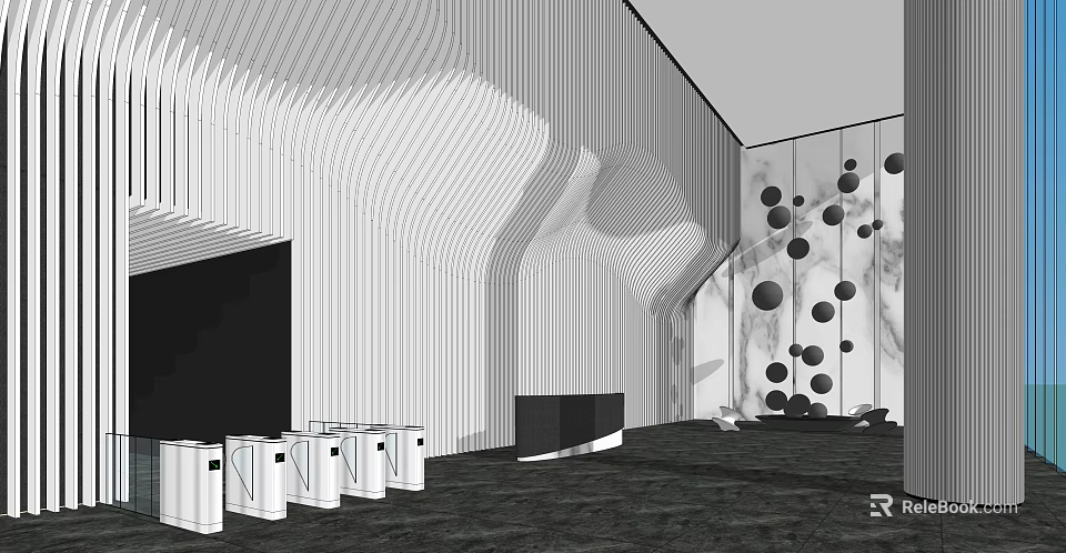 Modern Front Desk Reception Interior Design With Geometric Wall Decorations And Waiting Area 3d model