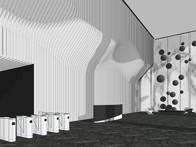 Modern Front Desk Reception Interior Design With Geometric Wall Decorations And Waiting Area 3d model