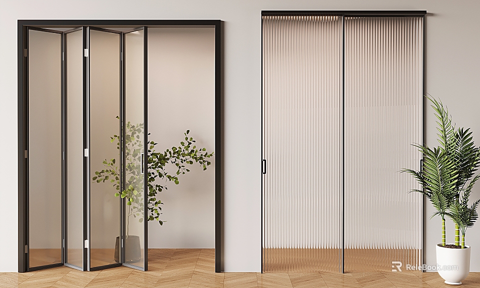 Modern Interior Sliding Doors With Black Frame Clear Glass And Vertical Stripes 3d model 