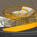 Bright Orange Spiral Staircase With Metal Frame And Wooden Ceiling In Modern Building