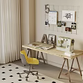 Desk With Yellow Chair Wall Rack Papers Photos Sewing Machine And City View Through Window