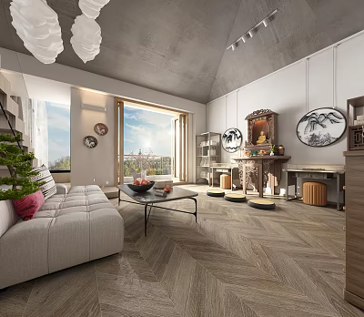 Religious Belief Centered Living Room Interior With Buddhist Statue Altar And Worship Decorations 3d model