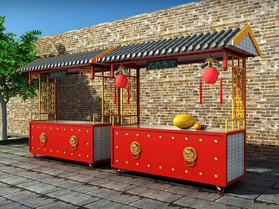 Traditional Chinese Vending Cart With Red Body Golden Decorations And Red Lanterns 3d model