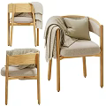Modern Leisure Chair Natural Wooden Frame Soft Upholstered Cushion Beige Accent Pillow and Throw Blanket