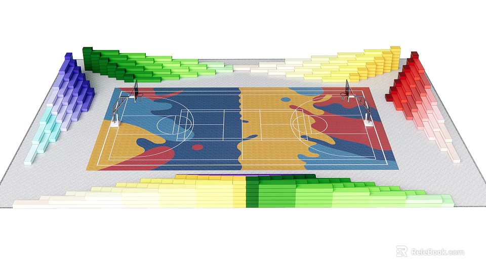 Basketball Gymnasium Featuring Vibrant Colorful Spectator Stands Multicolored Court Floor and Hoops 3d model 