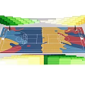 Basketball Gymnasium Featuring Vibrant Colorful Spectator Stands Multicolored Court Floor and Hoops