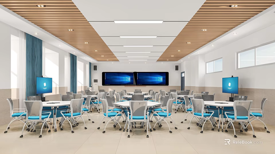 Modern School Classroom Interior With Ergonomic Tables Chairs And Large Digital Screens 3d model 