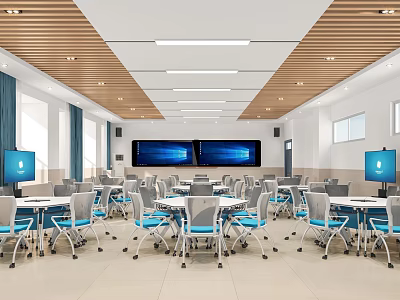 Modern School Classroom Interior With Ergonomic Tables Chairs And Large Digital Screens 3d model