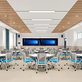 Modern School Classroom Interior With Ergonomic Tables Chairs And Large Digital Screens