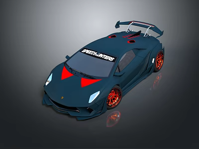 Dark Blue Sports Car With Red Accents Large Rear Spoiler Red Wheels Drift Master Decal 3d model