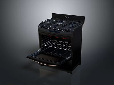 Black Gas Stove Oven Appliance With Open Door Multiple Burners And Grill Rack 3d model