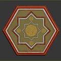 Elegant Hexagonal Side Table With Red And Gold Decorations And Intricate Carvings
