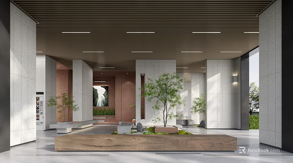 Modern Lobby Interior Design With Green Plants Wooden Decor Stone Columns And Ceiling Lights 3d model 