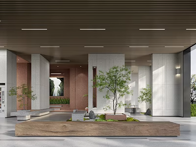 Modern Lobby Interior Design With Green Plants Wooden Decor Stone Columns And Ceiling Lights 3d model