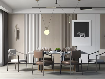 Modern Restaurant Interior With Dining Table Chairs Hanging Lights Zebra Wall Art And Green Plant 3d model