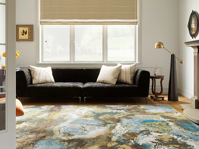 Cozy Living Room Interior With Black Sofa White Cushions Colorful Rug Fireplace And Floor Lamp 3d model