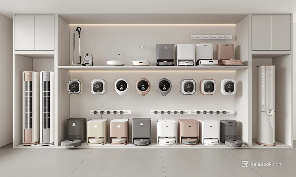 Various Household Appliances Neatly Arranged On White Display Shelf With Multiple Models 3d model 
