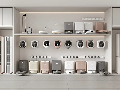Various Household Appliances Neatly Arranged On White Display Shelf With Multiple Models 3d model