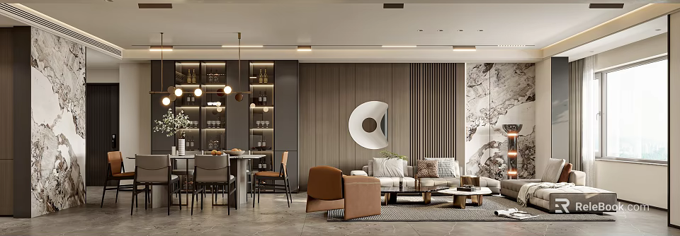 Modern Dining Living Room Interior With Sofa Dining Table Hanging Lights And Wall Decor 3d model