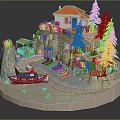 Tiny Island With Red Roof House Blue Boat Pine Trees And Stone Steps