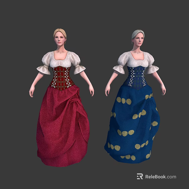 Two Female Characters In Traditional Attire Red Blue Dresses With Corsets And Gold Patterns 3d model 